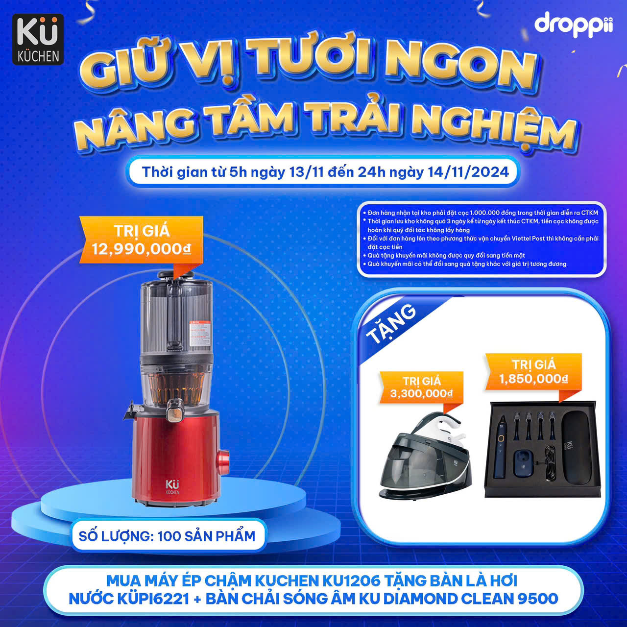 Máy ép chậm cao cấp Hàn Quốc 200W-Dung tích cối 500ml - Ép nguyên trái cây rau củ - Bảo hành 10 năm  KUCHEN KU 1206